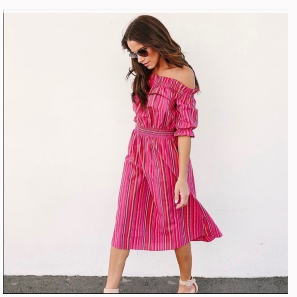 multicolored striped off the shoulder dress SZ L 25" length from Elastic waist